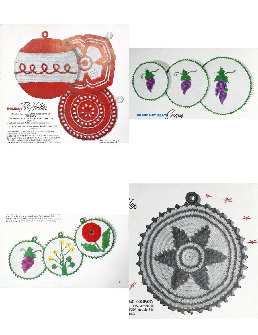 Pot Holders, Hot Plate Covers, Swedish Embroidery — American Thread Star Pot Holder Book No. 101, 1953