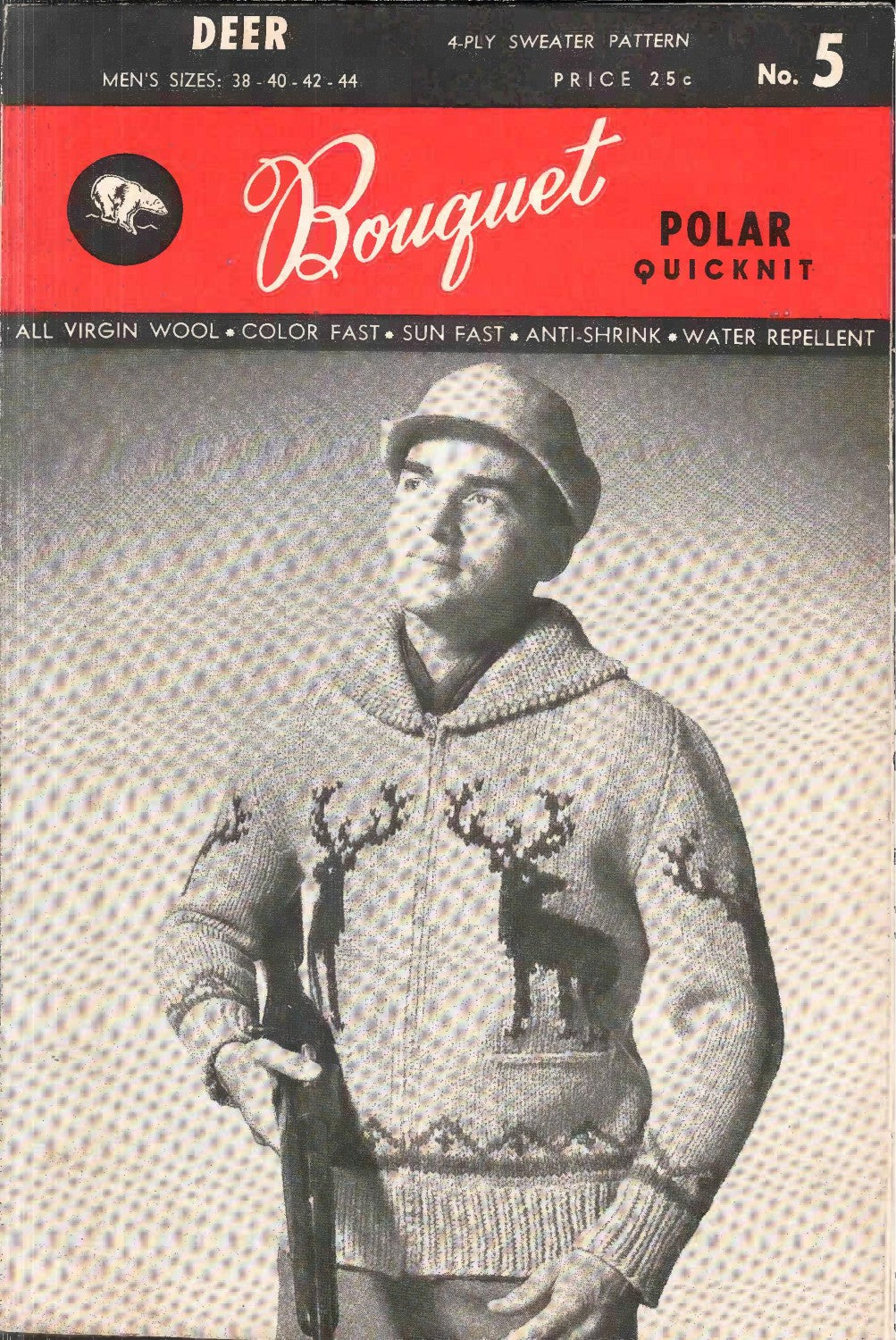 Bouquet Polar Quickknit – Deer Men’s 4-Ply Sweater Pattern No. 5 (circa 1950s–1960s)